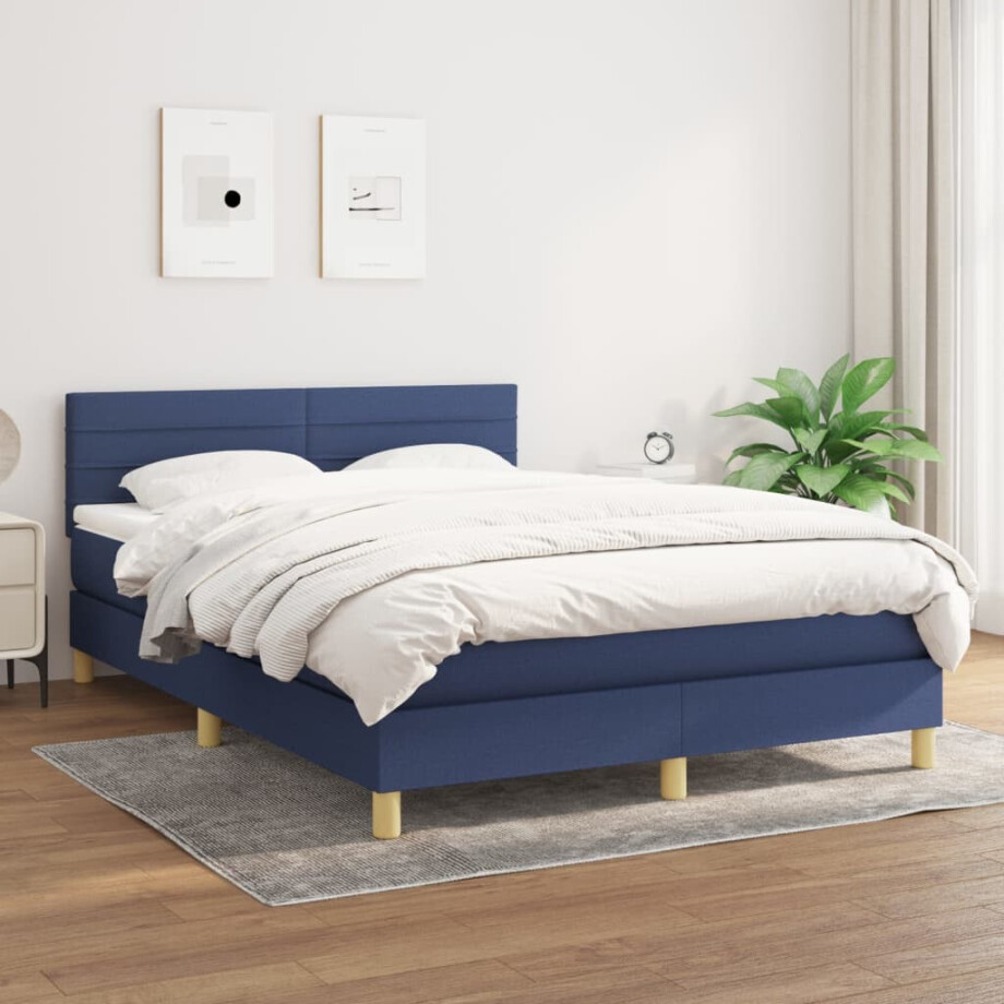 vidaXL Boxspring met matras stof blauw 140x200 cm afbeelding 1