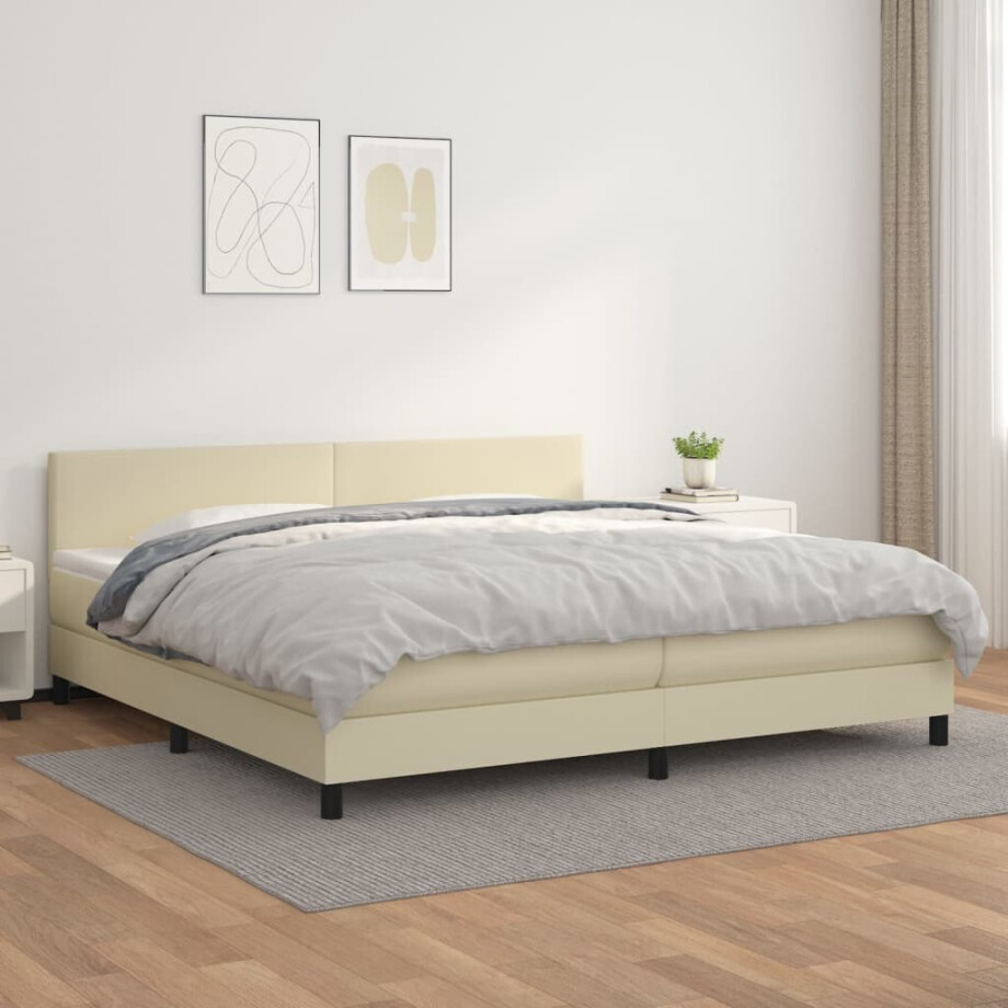 vidaXL Boxspring met matras kunstleer crèmekleurig 200x200 cm vidaXL Boxspring met matras kunstleer crèmekleurig 200x200 cm afbeelding 1