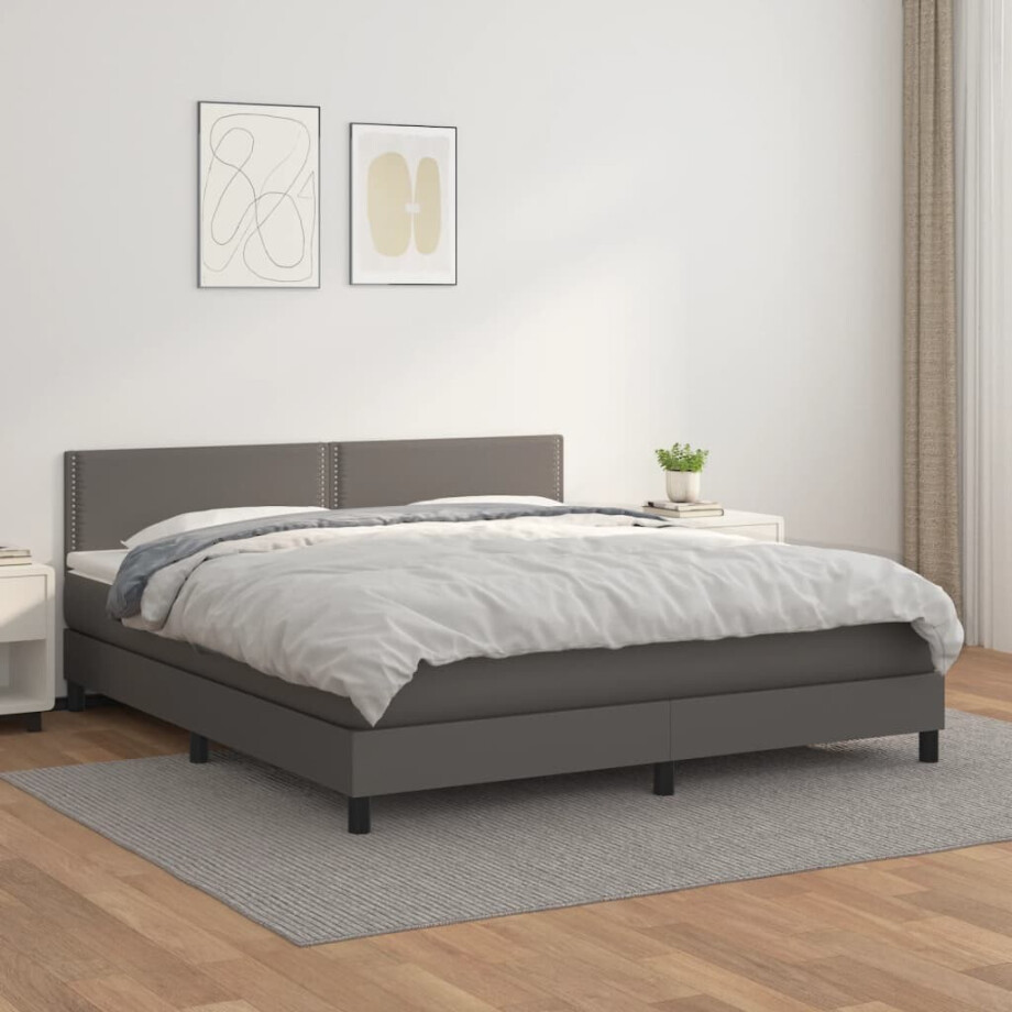 vidaXL Boxspring met matras kunstleer grijs 180x200 cm vidaXL Boxspring met matras kunstleer grijs 180x200 cm afbeelding 1