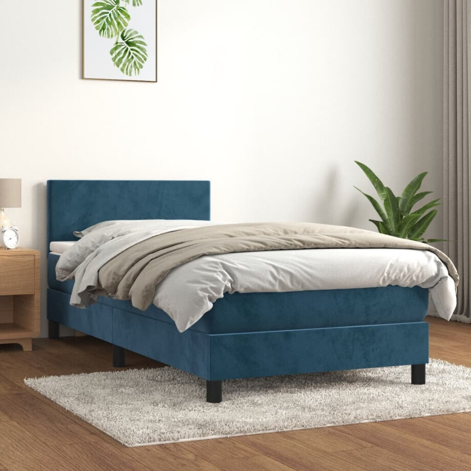 vidaXL Boxspring met matras fluweel donkerblauw 90x190 cm afbeelding 1