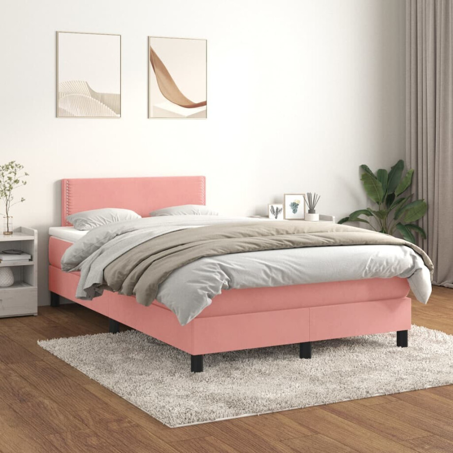 vidaXL Boxspring met matras fluweel roze 120x200 cm afbeelding 1