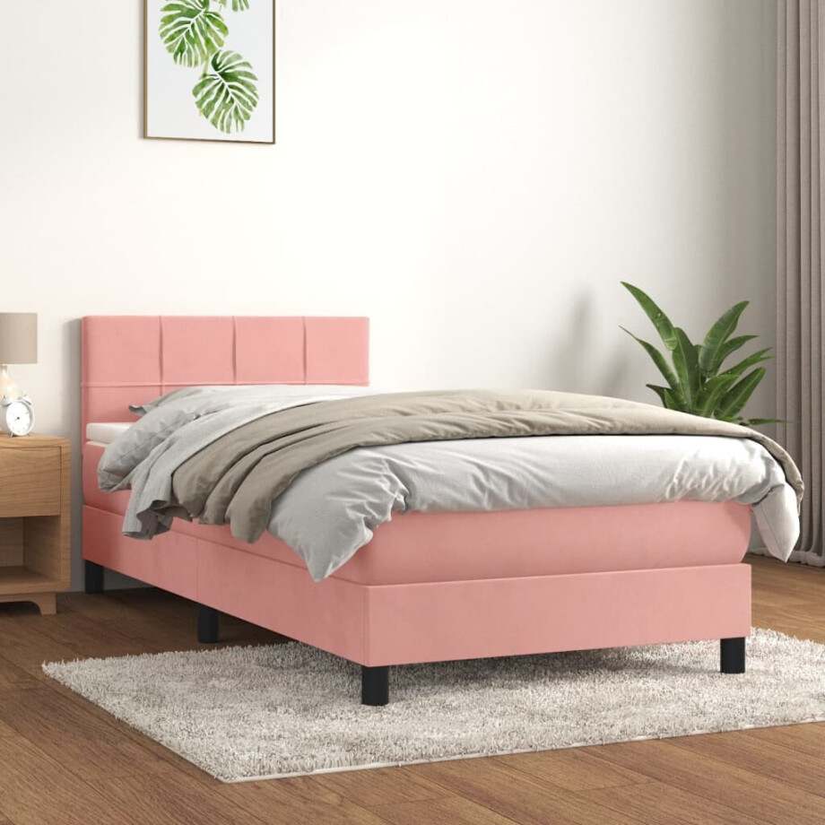 vidaXL Boxspring met matras fluweel roze 90x190 cm afbeelding 1