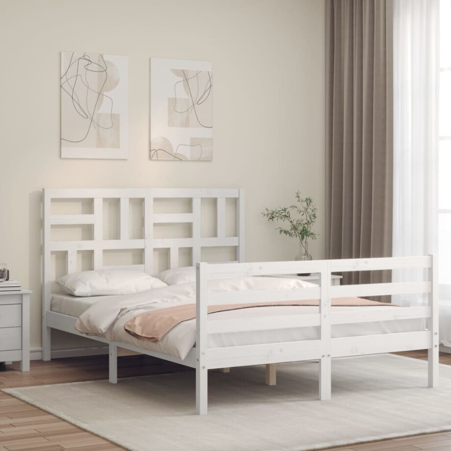 vidaXL Bedframe met hoofdbord massief hout wit 140x200 cm afbeelding 1