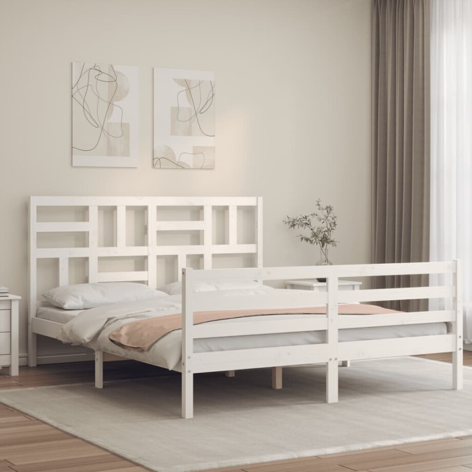 vidaXL Bedframe met hoofdbord massief hout wit afbeelding 1