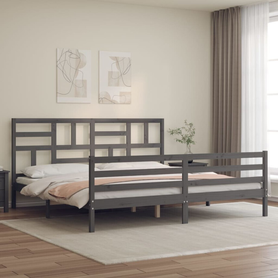 vidaXL Bedframe met hoofdbord massief hout grijs 200x200 cm afbeelding 1