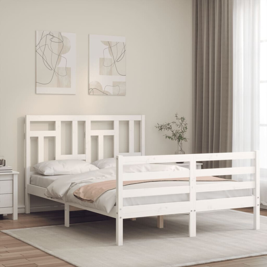 vidaXL Bedframe met hoofdbord massief hout wit 140x190 cm afbeelding 1