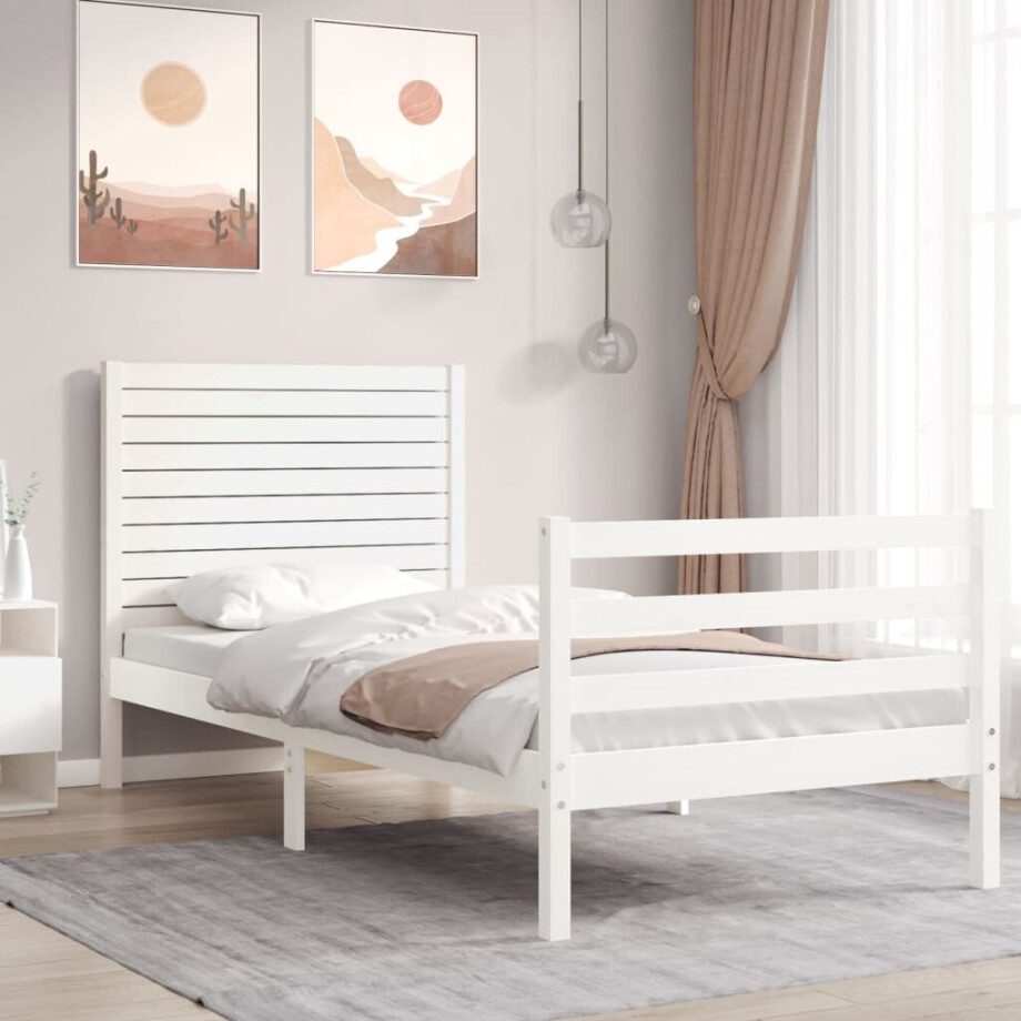 vidaXL Bedframe met hoofdbord massief hout wit afbeelding 1