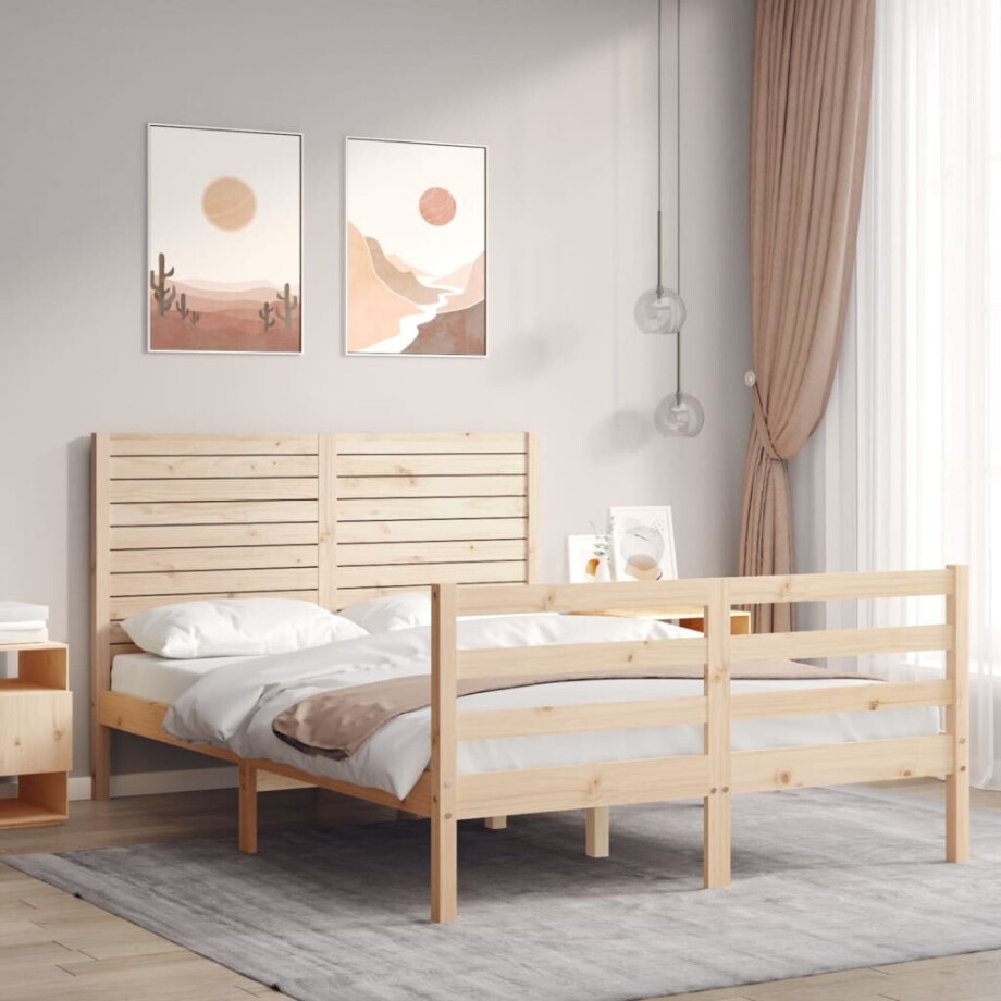 vidaXL Bedframe met hoofdbord massief hout 140x200 cm afbeelding 1