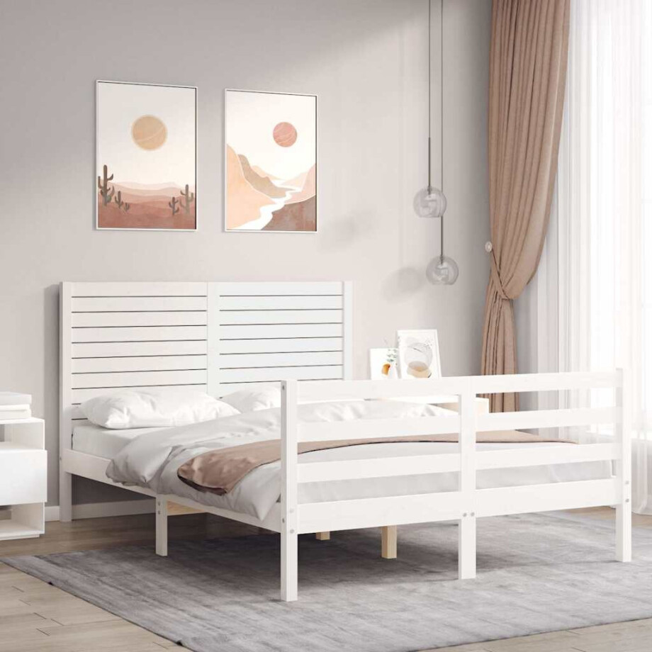 vidaXL Bedframe met hoofdbord massief hout wit 140x200 cm afbeelding 1
