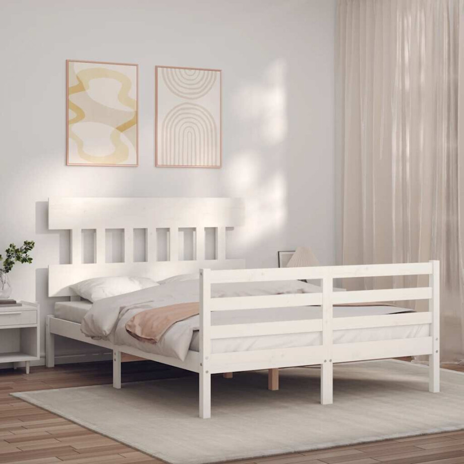 vidaXL Bedframe met hoofdbord massief hout wit 140x190 cm afbeelding 1