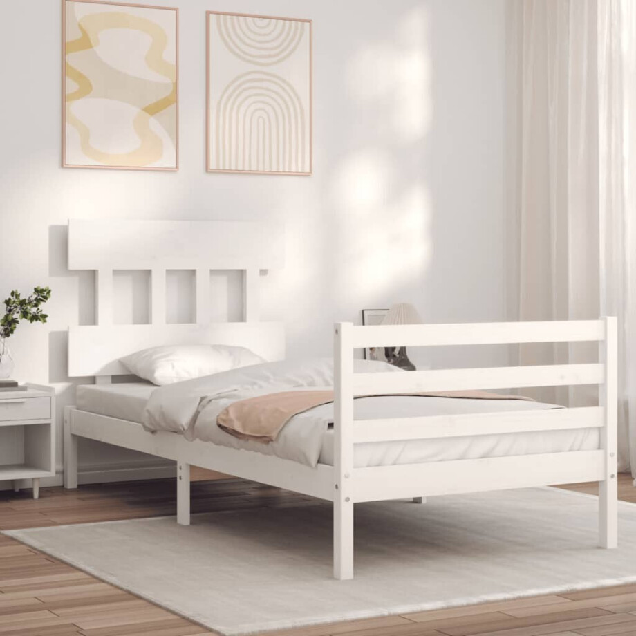 vidaXL Bedframe met hoofdbord massief hout wit 100x200 cm afbeelding 1