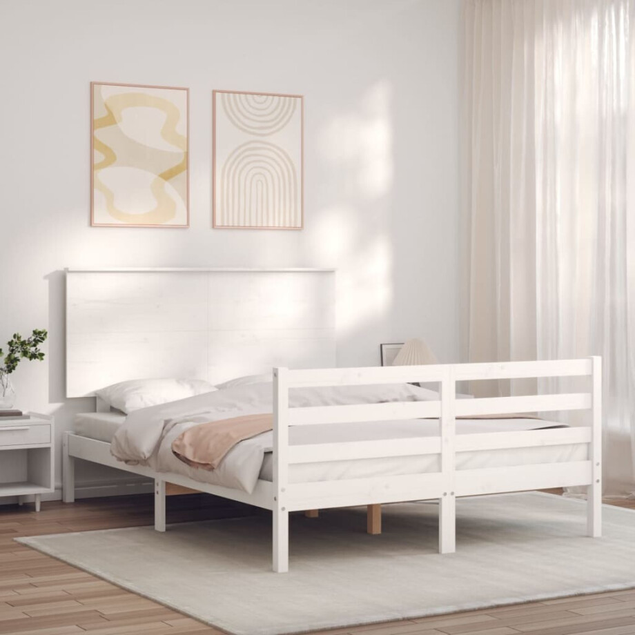 vidaXL Bedframe met hoofdbord massief hout wit vidaXL Bedframe met hoofdbord massief hout wit afbeelding 1