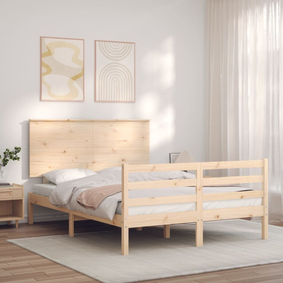 vidaXL Bedframe met hoofdbord massief hout 140x200 cm afbeelding 1