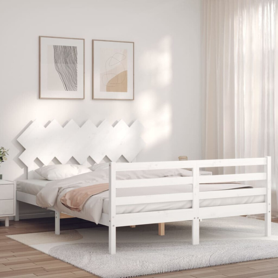 vidaXL Bedframe met hoofdbord massief hout wit 140x190 cm afbeelding 1