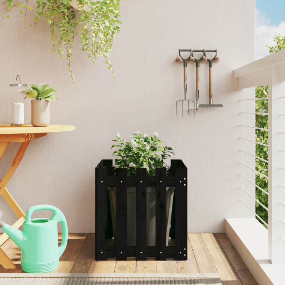 vidaXL Plantenbak met hekontwerp 50x50x50 cm massief grenenhout zwart afbeelding 1
