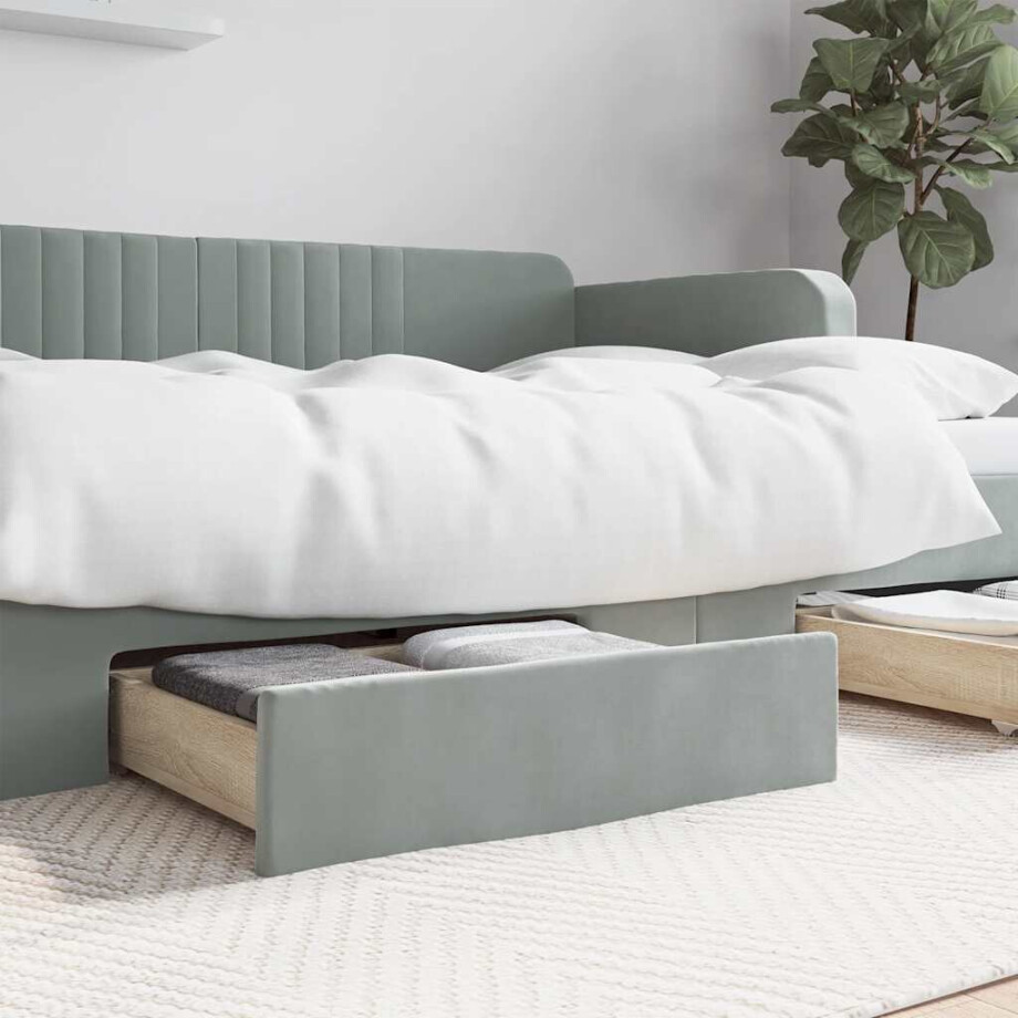 vidaXL Bedlades 2 st bewerkt hout en fluweel lichtgrijs afbeelding 1