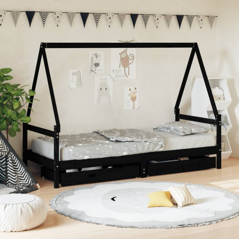 vidaXL Kinderbedframe met lades 90x190 cm massief grenenhout zwart afbeelding 1