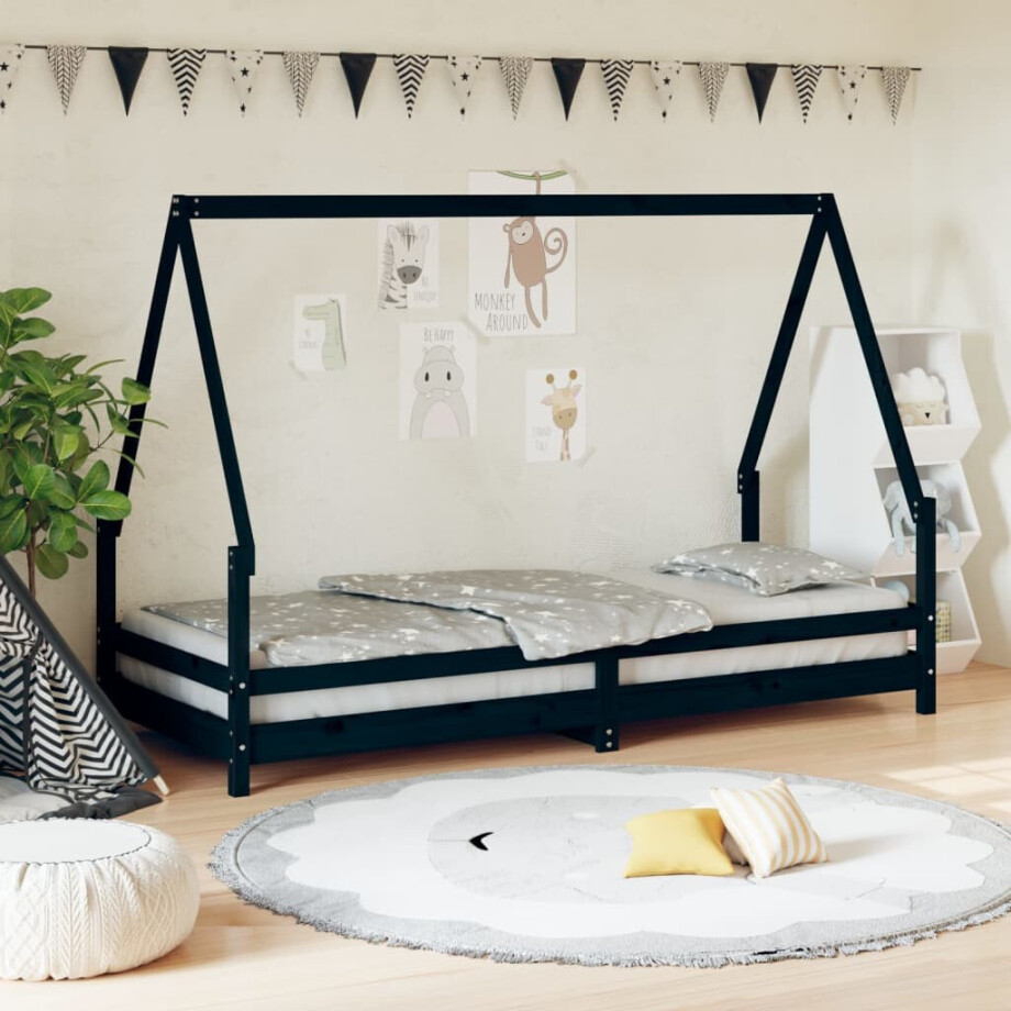vidaXL Kinderbedframe 90x200 cm massief grenenhout zwart afbeelding 1