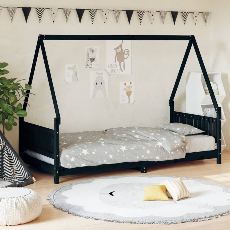 vidaXL Kinderbedframe 90x190 cm massief grenenhout zwart afbeelding 1