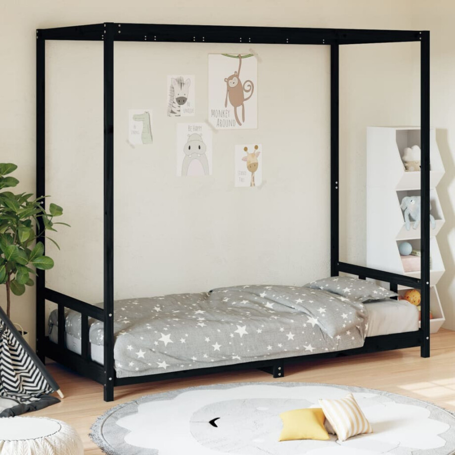 vidaXL Kinderbedframe 90x190 cm massief grenenhout zwart vidaXL Kinderbedframe 90x190 cm massief grenenhout zwart afbeelding 1