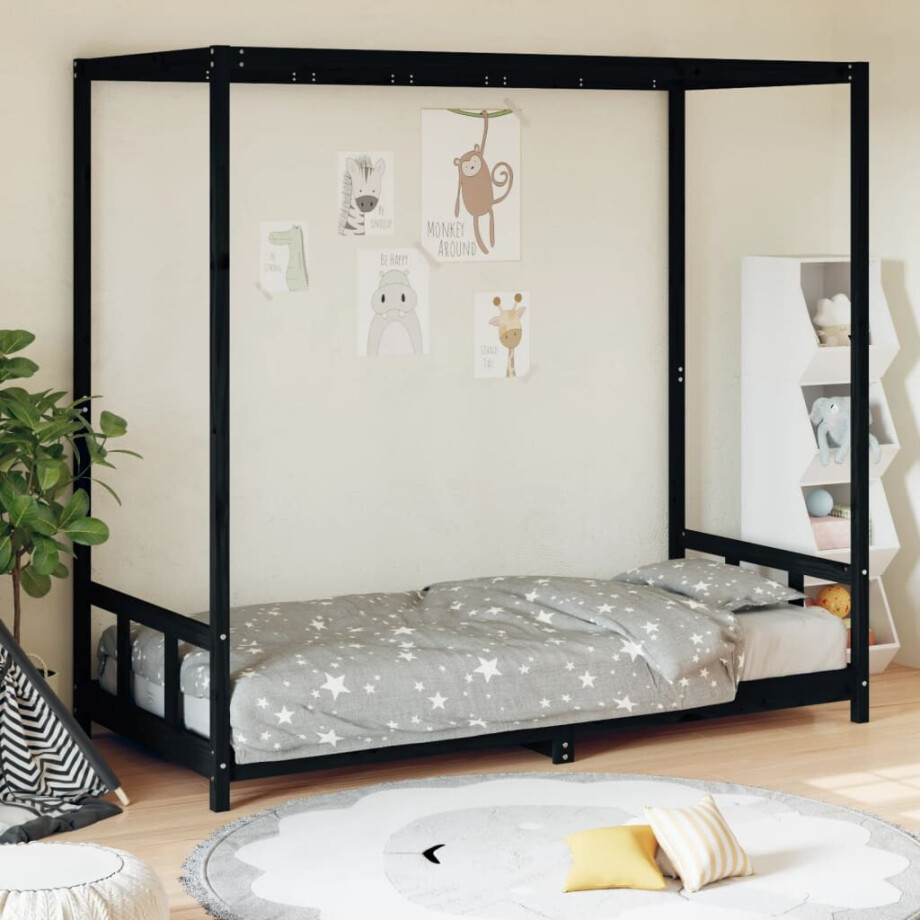 vidaXL Kinderbedframe 90x200 cm massief grenenhout zwart afbeelding 1