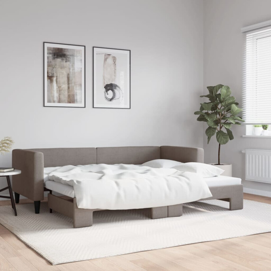 vidaXL Slaapbank met onderschuifbed 80x200 cm stof taupe vidaXL Slaapbank met onderschuifbed 80x200 cm stof taupe afbeelding 1