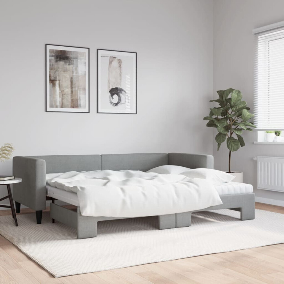 vidaXL Slaapbank onderschuifbed en matrassen 80x200 cm stof lichtgrijs afbeelding 1