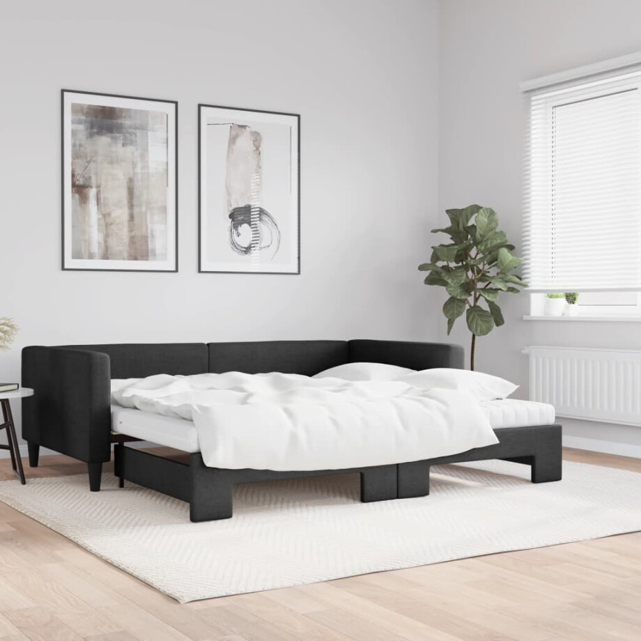 vidaXL Slaapbank met onderschuifbed en matrassen 100x200 cm stof zwart afbeelding 1
