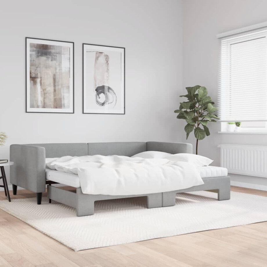vidaXL Slaapbank onderschuifbed en matrassen 90x190 cm stof lichtgrijs afbeelding 1