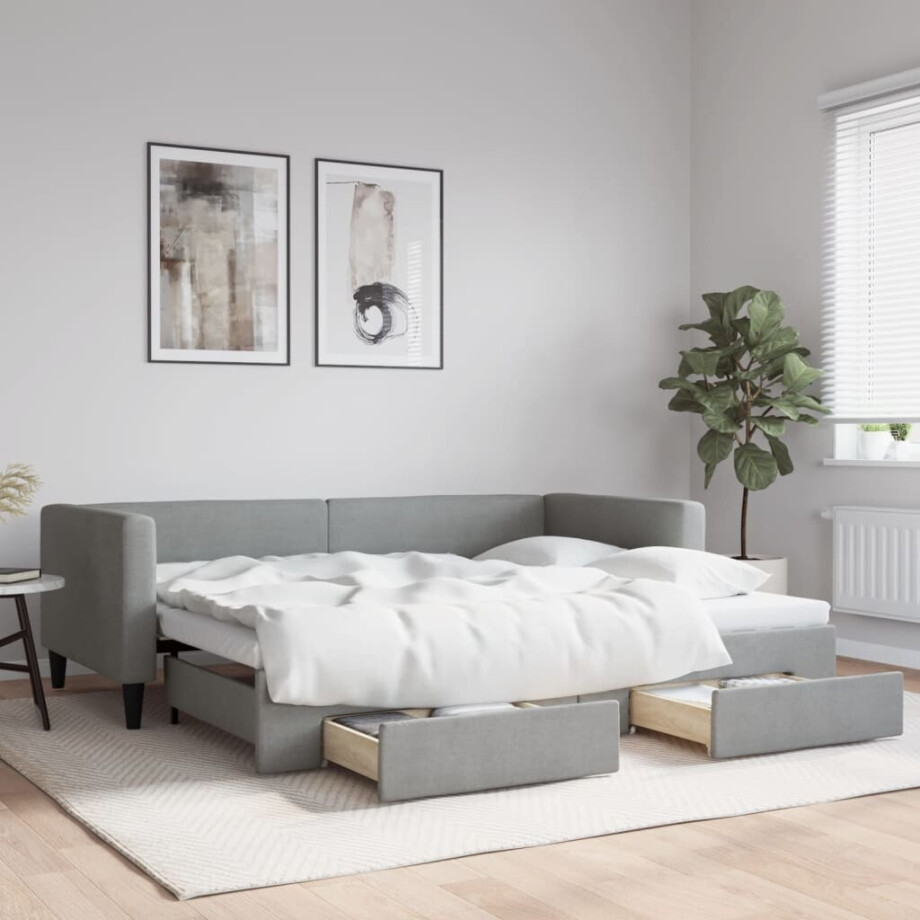 vidaXL Slaapbank met onderschuifbed lades 100x190 cm stof lichtgrijs afbeelding 1