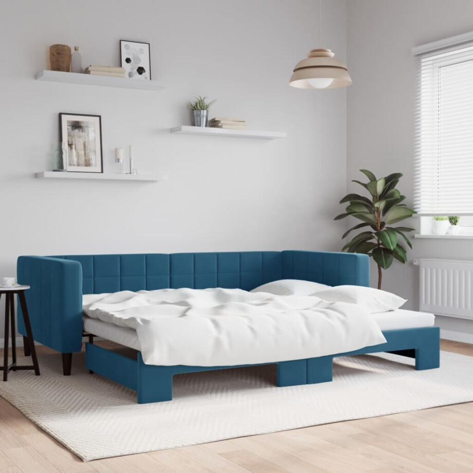 vidaXL Slaapbank met onderschuifbed 90x200 cm fluweel blauw vidaXL Slaapbank met onderschuifbed 90x200 cm fluweel blauw afbeelding 1