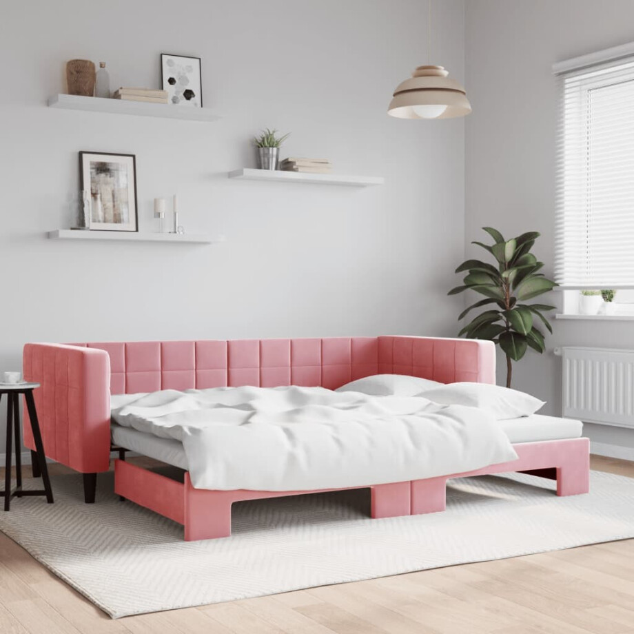 vidaXL Slaapbank met onderschuifbed 90x200 cm fluweel roze afbeelding 1