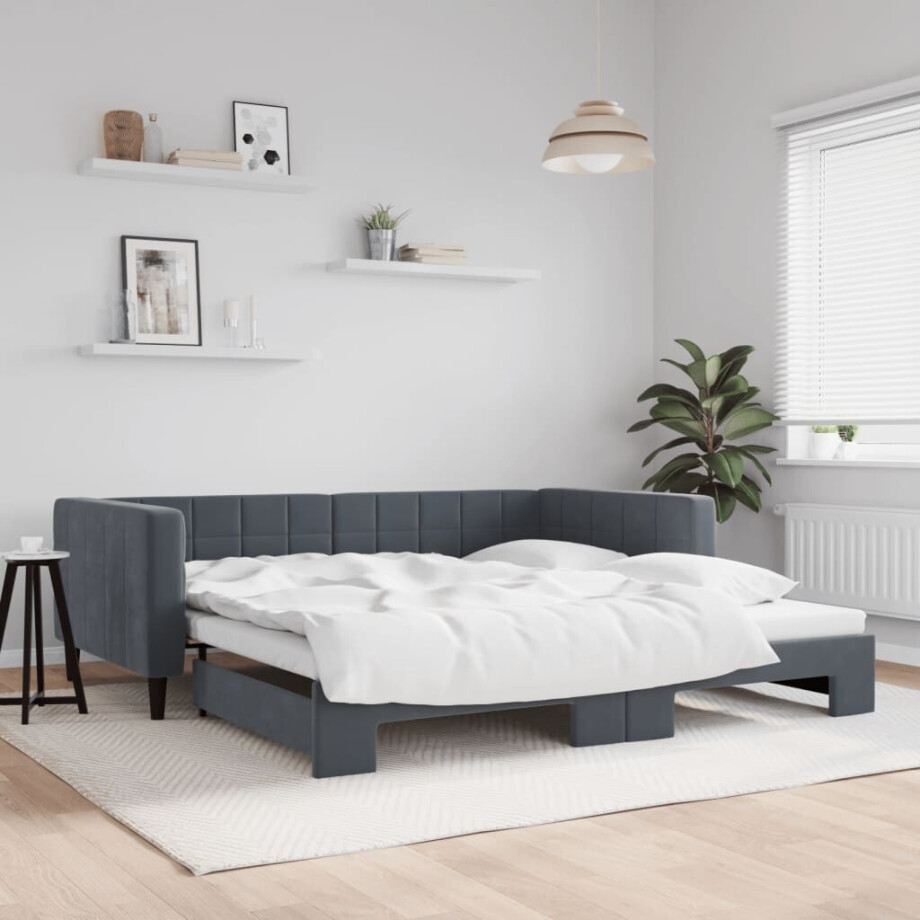 vidaXL Slaapbank met onderschuifbed 100x200 cm fluweel donkergrijs afbeelding 1