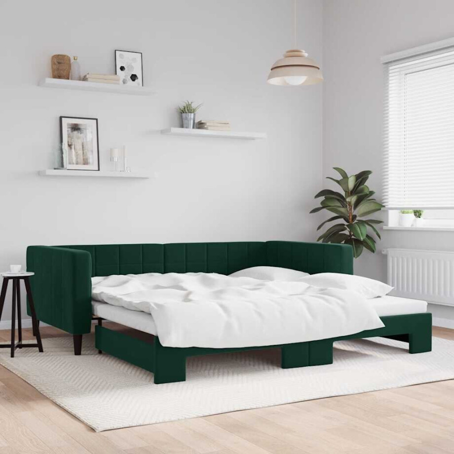 vidaXL Slaapbank met onderschuifbed 100x200 cm fluweel donkergroen afbeelding 1