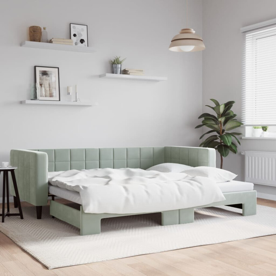 vidaXL Slaapbank met onderschuifbed 90x190 cm fluweel lichtgrijs vidaXL Slaapbank met onderschuifbed 90x190 cm fluweel lichtgrijs afbeelding 1