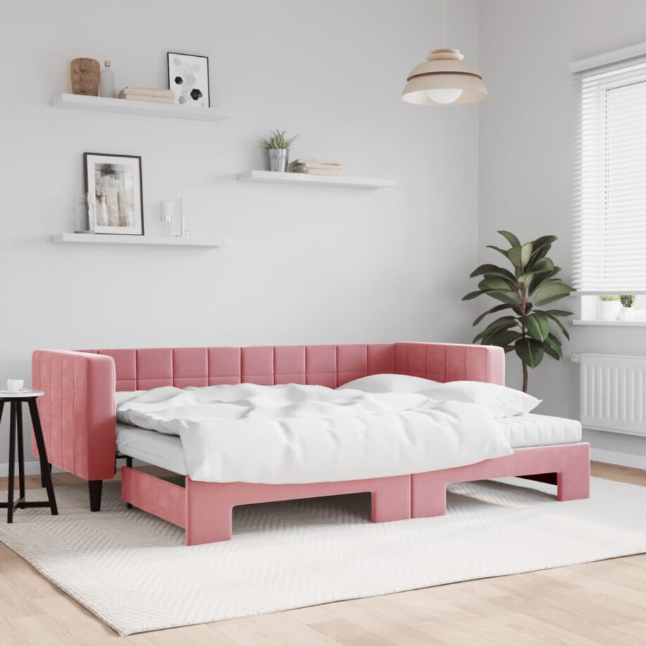 vidaXL Slaapbank onderschuifbed en matrassen 80x200 cm fluweel roze vidaXL Slaapbank onderschuifbed en matrassen 80x200 cm fluweel roze afbeelding 1