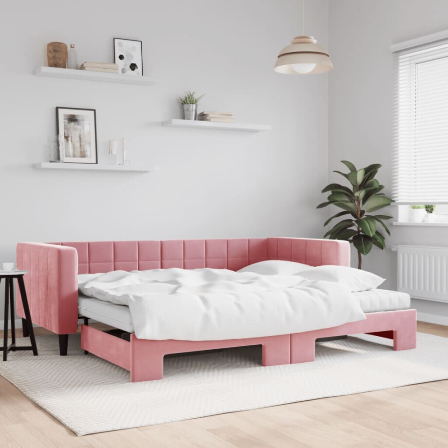 vidaXL Slaapbank onderschuifbed en matrassen 90x200 cm fluweel roze afbeelding 1