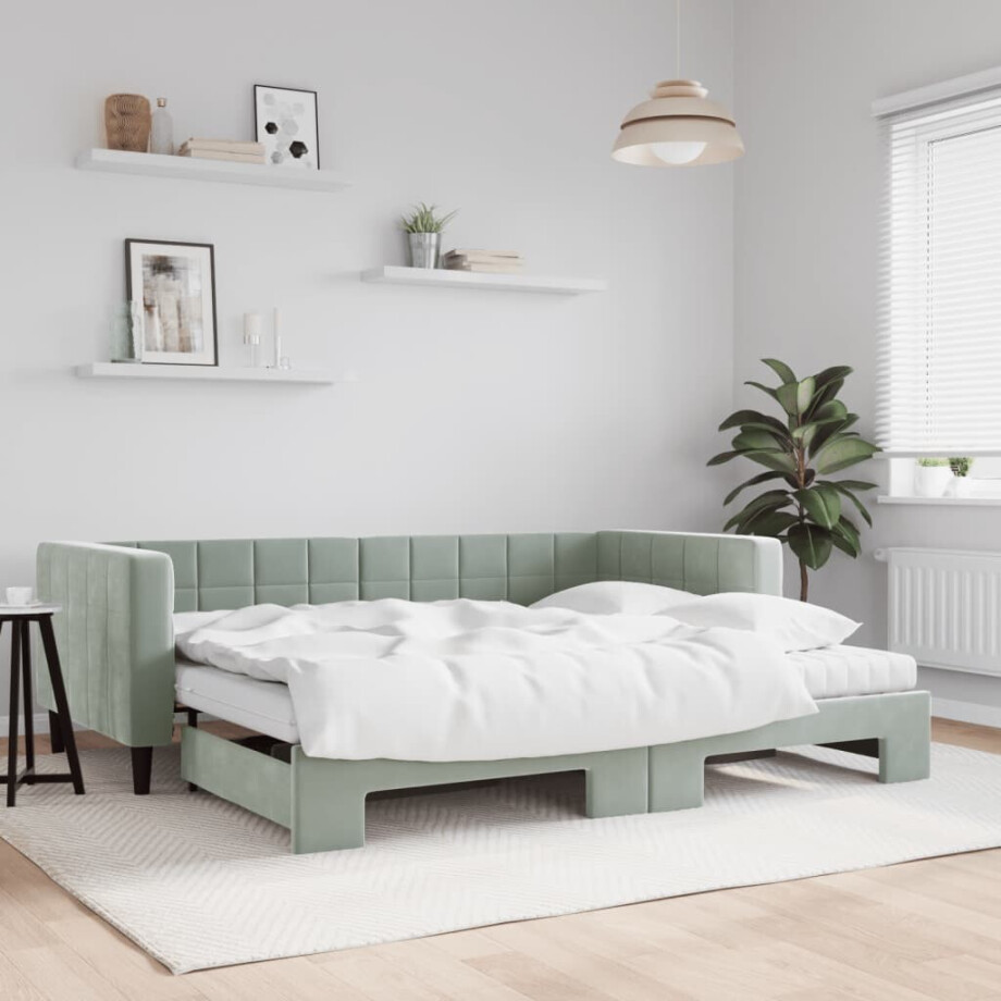 vidaXL Slaapbank onderschuifbed matrassen 100x200cm fluweel lichtgrijs vidaXL Slaapbank onderschuifbed matrassen 100x200cm fluweel lichtgrijs afbeelding 1