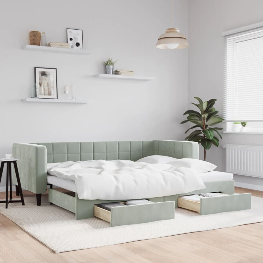 vidaXL Slaapbank onderschuifbed en lades 90x190 cm fluweel lichtgrijs vidaXL Slaapbank onderschuifbed en lades 90x190 cm fluweel lichtgrijs afbeelding 1