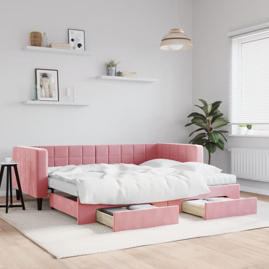 vidaXL Slaapbank met onderschuifbed en lades 90x200 cm fluweel roze afbeelding 1