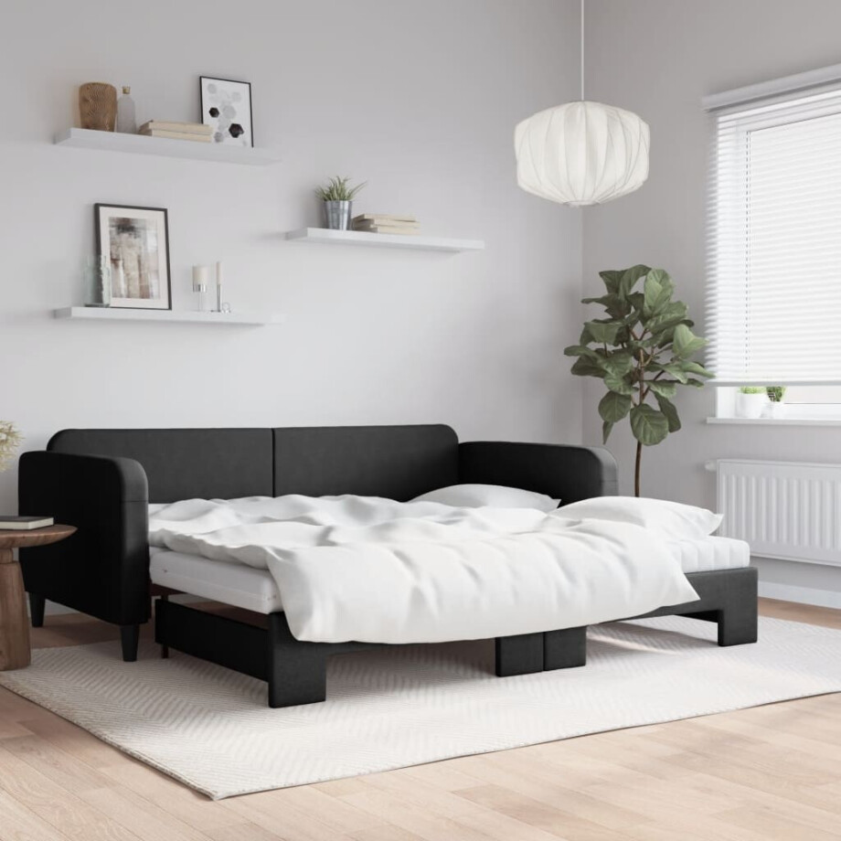 vidaXL Slaapbank met onderschuifbed en matrassen 100x200 cm stof zwart afbeelding 1