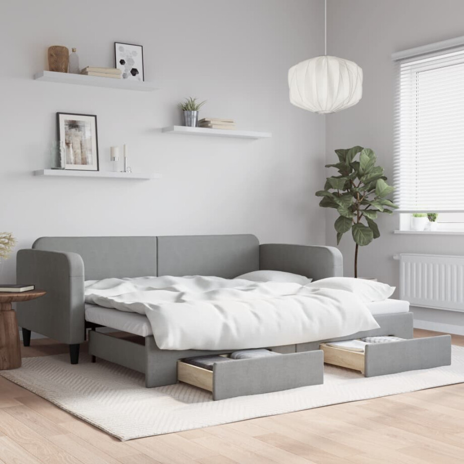 vidaXL Slaapbank met onderschuifbed en lades 90x190 cm stof lichtgrijs afbeelding 1