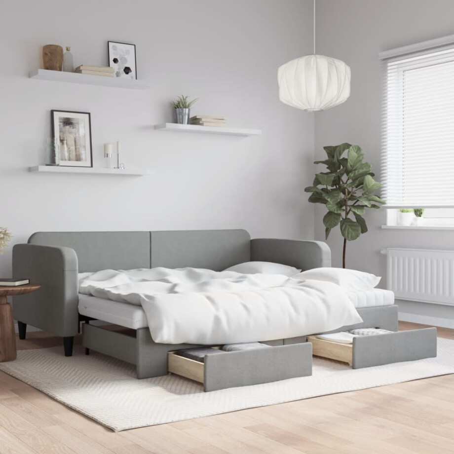 vidaXL Slaapbank met onderschuifbed en lades 90x190 cm stof lichtgrijs afbeelding 1