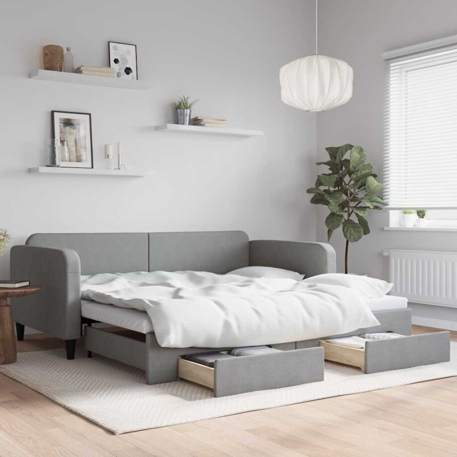 vidaXL Slaapbank met onderschuifbed lades 100x190 cm stof lichtgrijs afbeelding 1