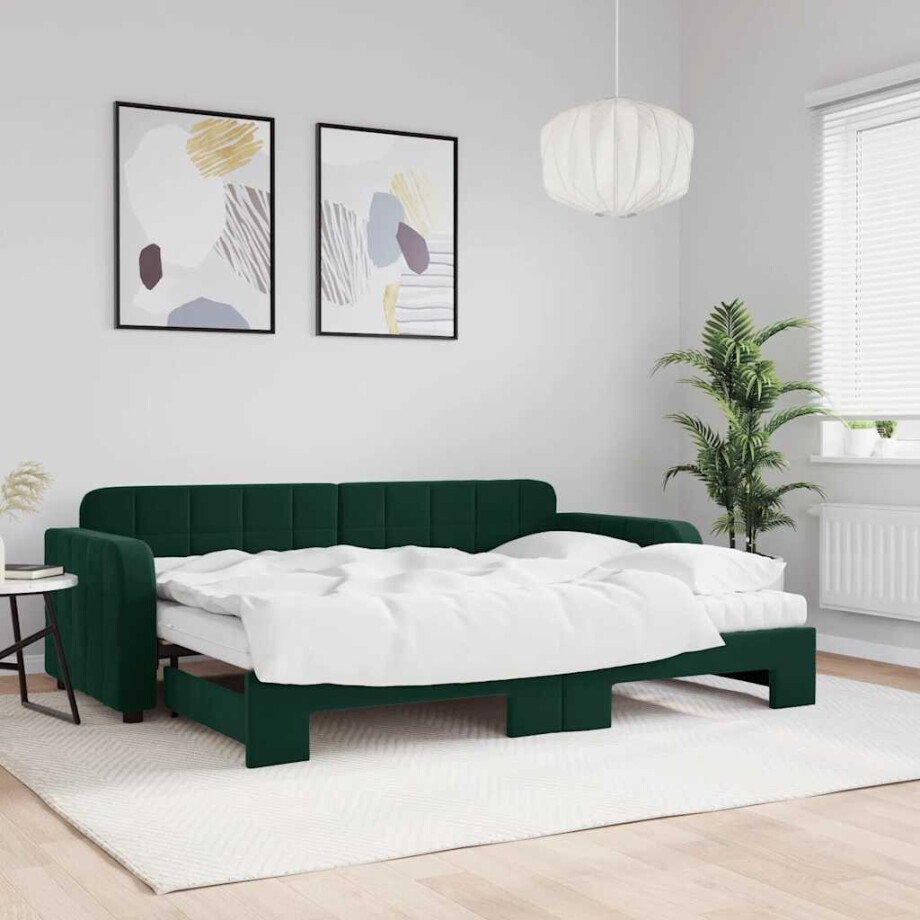 vidaXL Slaapbank onderschuifbed matrassen 80x200cm fluweel donkergroen afbeelding 1