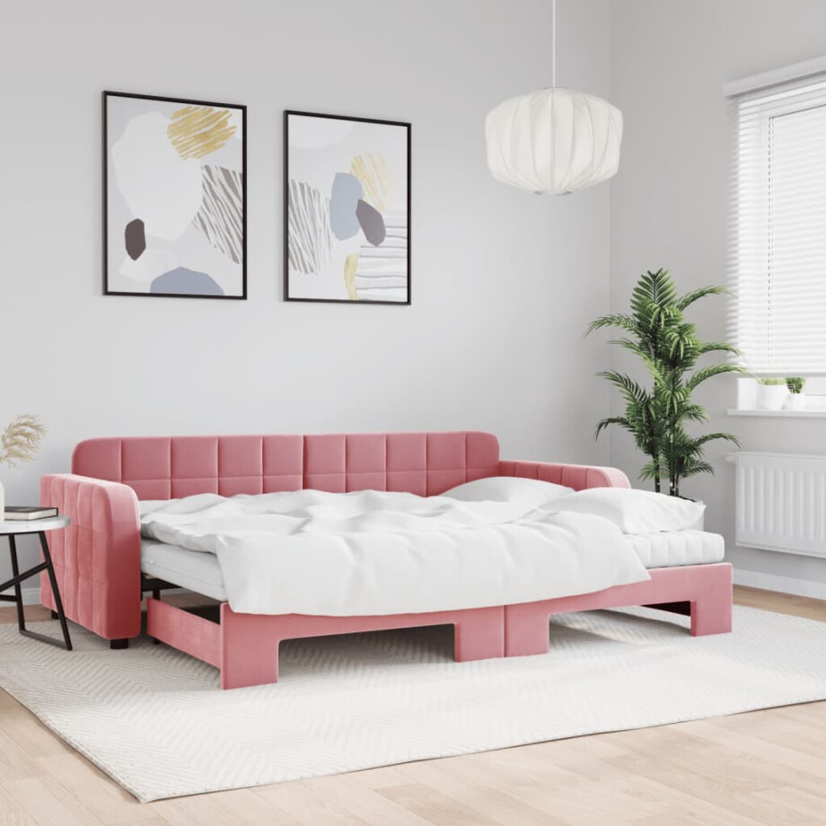 vidaXL Slaapbank onderschuifbed en matrassen 80x200 cm fluweel roze vidaXL Slaapbank onderschuifbed en matrassen 80x200 cm fluweel roze afbeelding 1