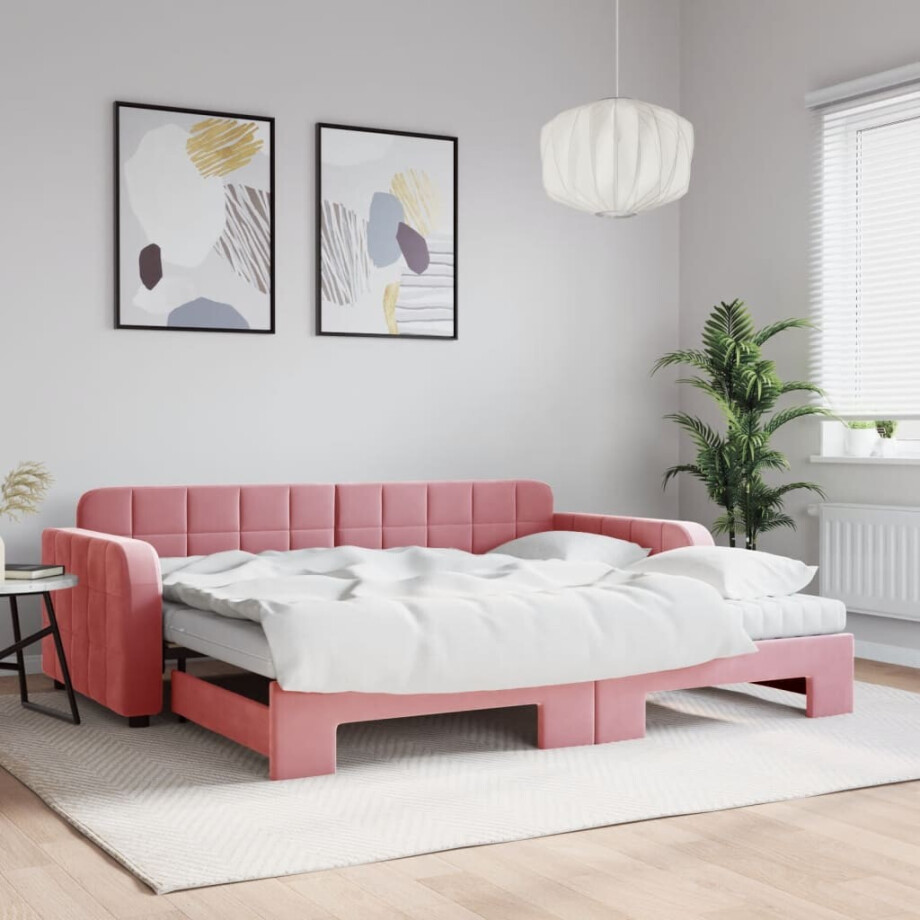 vidaXL Slaapbank onderschuifbed en matrassen 90x200 cm fluweel roze vidaXL Slaapbank onderschuifbed en matrassen 90x200 cm fluweel roze afbeelding 1