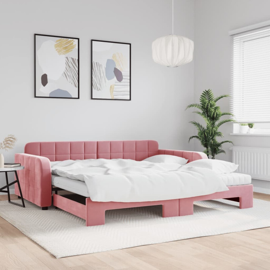 vidaXL Slaapbank onderschuifbed en matrassen 100x200 cm fluweel roze vidaXL Slaapbank onderschuifbed en matrassen 100x200 cm fluweel roze afbeelding 1