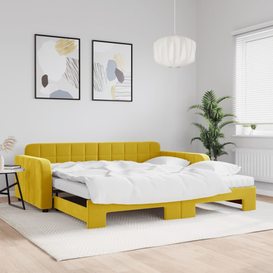 vidaXL Slaapbank onderschuifbed en matrassen 100x200 cm fluweel geel afbeelding 1