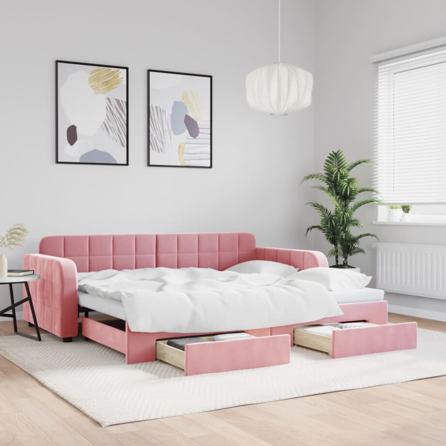 vidaXL Slaapbank met onderschuifbed en lades 90x200 cm fluweel roze afbeelding 1